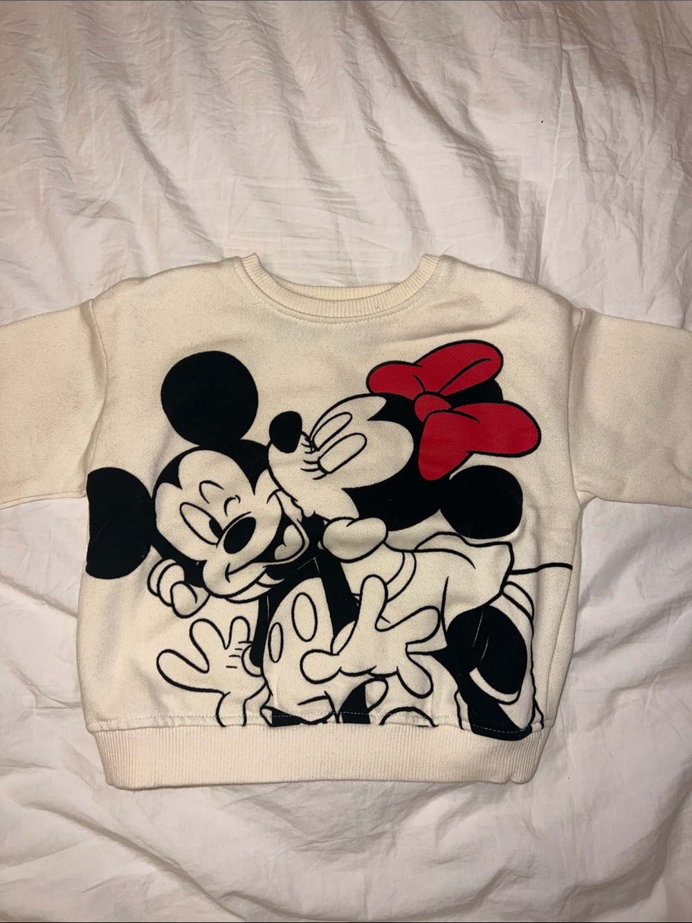 Zara Cream Sweatshirt with Black Mickey & Minnie Graphic and Red Bow